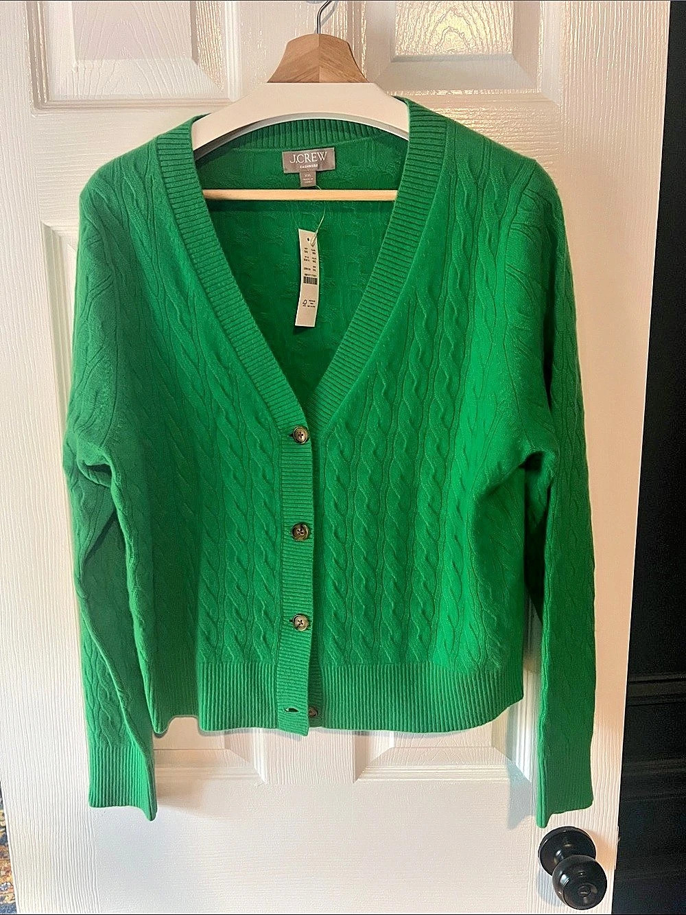J.Crew Cashmere shrunken cable-knit V-neck cardigan sweater, Kelly Green, XXL